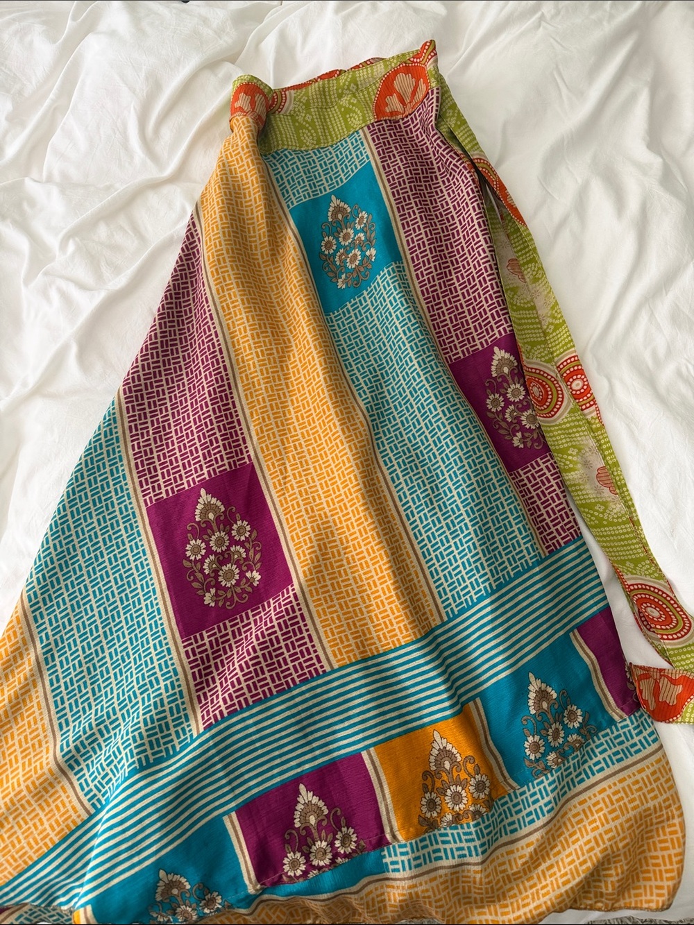 Multicolor Boho Patchwork Wrap Skirt - Vibrant Teal, Purple & Mustard